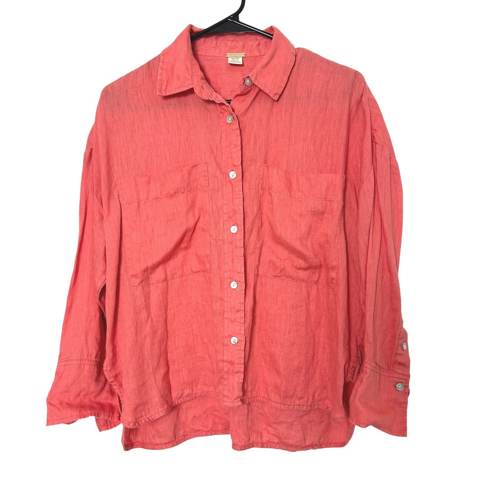 Magaschoni Shirt Women XS Coral 100% Linen Button Down Relaxed Coastal Lagenlook